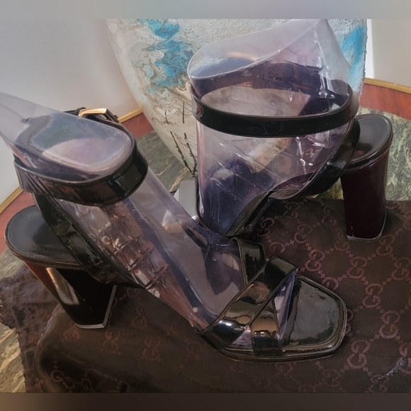 VINTAGE GUCCI TOM FORD BLACK PATENT LEATHER STRAPPY SANDALS 4" HEELS 9B - Picture 6 of 13
